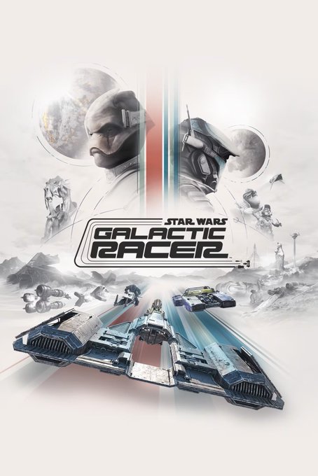 Cover art for the video game 'STAR WARS GALACTIC RACER' featuring podracers and Star Wars characters.