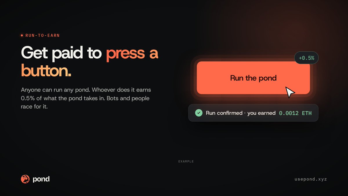 usepondtech's tweet photo. You can get paid to press a button on Pond.

Run any pond and you earn 0.5% of what it takes in, before anything else.

Bots and people race for it. Our keeper is only the fallback.

Go find a full pond 

https://t.co/hzT40iPu8o https://t.co/k7XrdXQo8p