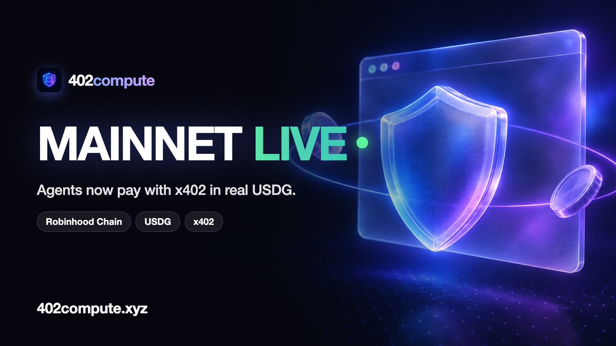 X402_Compute's tweet photo. MAINNET LIVE 

402compute now runs on Robinhood Chain mainnet.

Your agent gets a wallet and a budget, browses the web for you, and pays for what it needs with x402, in real USDG.

→ limit per payment
→ budget per 24h
→ keys never leave your browser

Try it: https://t.co/TSbsSoqpPS