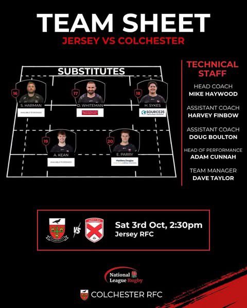 ColchesterRFC's tweet photo. Taking flight ✈️ 
Here’s your 1XV team to take on Jersey 🇯🇪 

🆚 Jersey Rugby Club 
📍 Jersey RFC
⏰ 2:30PM
🗓️ 3rd October 2025

#ComeOnCol #Colchester #ColchesterRugby #Rugby #Nat2East https://t.co/il3nbWWVxz