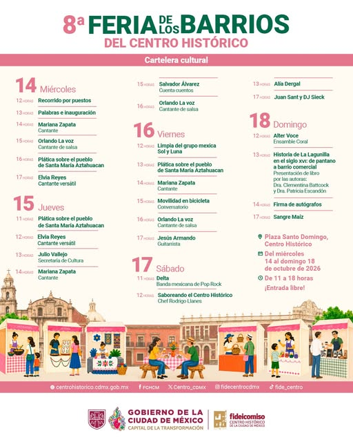 Centro_CDMX's tweet photo. Conoce la Cartelera Cultural de la 8va edición de la Feria de los Barrios del Centro Histórico.✨🥳
Música, danza, presentaciones de libros, charlas históricas y más te esperan en este gran evento.🎭 
📍Inauguración miércoles 14 de octubre, 12 horas. Plaza Santo Domingo. https://t.co/TGx9JWDpXN