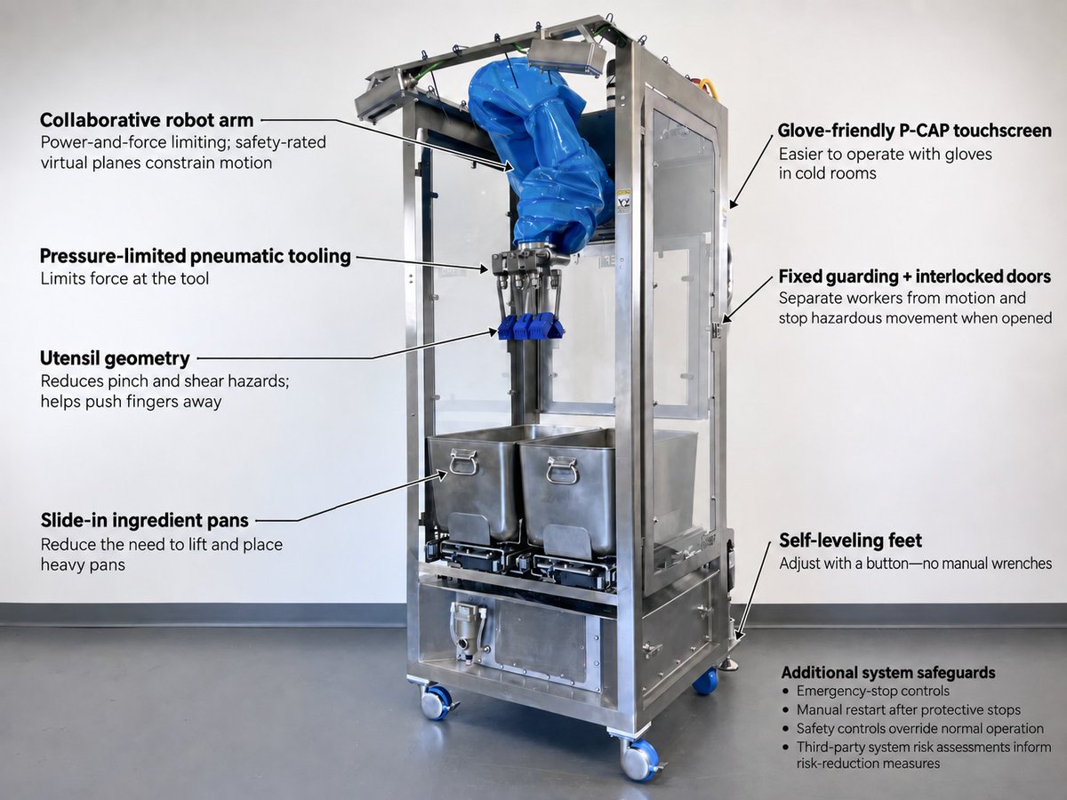 ChefRobotics's tweet photo. How do Chef robots support worker safety on meal assembly lines?

Meal assembly involves repetitive scooping, portioning, and spreading, often for hours in 34°F cold production environments. These tasks can contribute to fatigue and repetitive strain injuries.

𝗗𝗲𝘀𝗶𝗴𝗻𝗲𝗱 𝘁𝗼 𝘄𝗼𝗿𝗸 𝗮𝗹𝗼𝗻𝗴𝘀𝗶𝗱𝗲 𝗽𝗲𝗼𝗽𝗹𝗲
Chef robots use collaborative robot arms and are designed using ISO/TS 15066:2016 guidance. Built-in safeguards include protective stops, defined arm-motion limits, and tooling designed to reduce pinch and shear hazards.

𝗥𝗲𝗱𝘂𝗰𝗶𝗻𝗴 𝗽𝗵𝘆𝘀𝗶𝗰𝗮𝗹 𝘀𝘁𝗿𝗮𝗶𝗻
Our robots take on repetitive meal assembly tasks, allowing workers to focus on cooking, quality control, and line management. Ergonomic features also simplify everyday operation:
→ Slide-in ingredient pans reduce lifting during refills
→ Self-leveling feet eliminate manual wrench adjustments
→ Glove-friendly touchscreens simplify operation in cold rooms

Read more on how Chef robots support worker safety: https://t.co/MEyZHWsOQv

#foodmanufacturing #foodautomation #workersafety #robotics