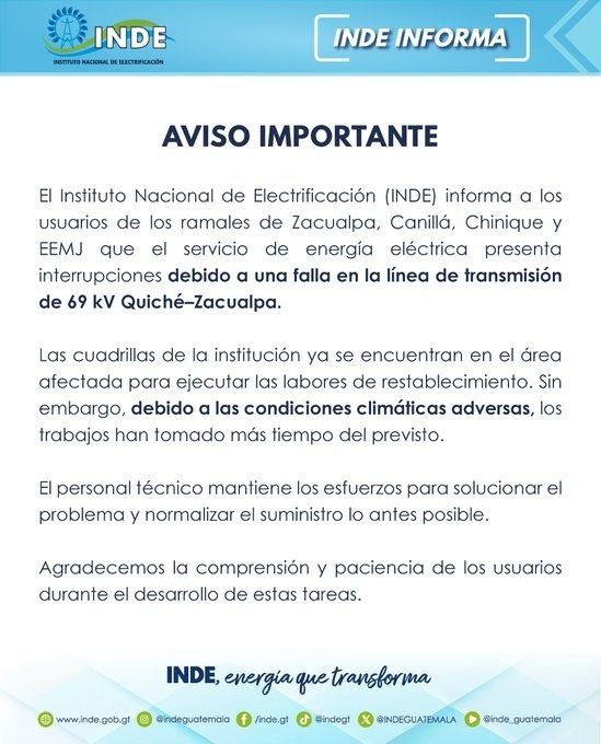 CentraNewsGT's tweet photo. ⚡🔧 #AHORA | Falla eléctrica afecta servicio en municipios de Quiché.

El INDE reportó interrupciones de energía en Zacualpa, Canillá, Chinique y EEMJ por una falla en la línea de transmisión Quiché-Zacualpa. Cuadrillas trabajan para restablecer el servicio.

#INDE #Quiché #Guatemala