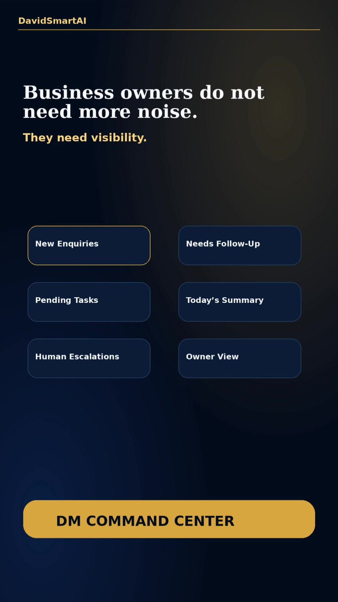 davidsmartai's tweet photo. A business owner should not have to guess what is happening.

Customer chats, calls, follow-ups and pending tasks get scattered fast.

An AI command center turns those signals into visibility: enquiries, follow-ups, summaries, tasks and human escalations.

DM COMMAND CENTER. https://t.co/3dxcTxDbQV