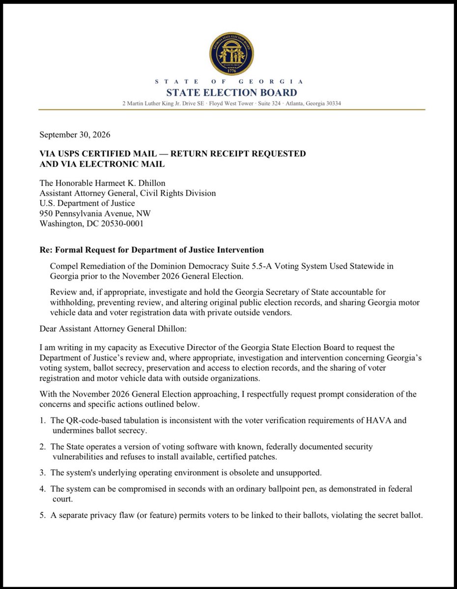 TheSCIF's tweet photo. Georgia DEMANDS 6 month phase-out on DOMINION'S QR-Code Machines before midterms for being UNLAWFUL and able to be manipulated to alter votes and election outcomes.

The more electronics and software we add to our elections, the easier they are to manipulate. https://t.co/R9eC7gFplH