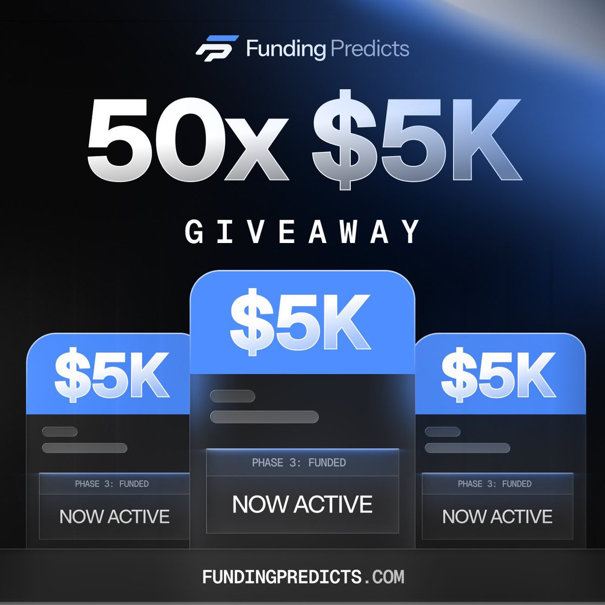 FundingPredicts's tweet photo. 🚨 GIVEAWAY ALERT 🚨

We are giving away 50x $5K accounts!

Instructions:  
1. Follow @FundingPredicts
2. Like and retweet this post
3. Signup on https://t.co/U3LsvGvJGL
4. Drop your Funding Predicts account username in the comments.
5. Tag 2 friends

*ends in 7 days https://t.co/i9Q4xIOVH2