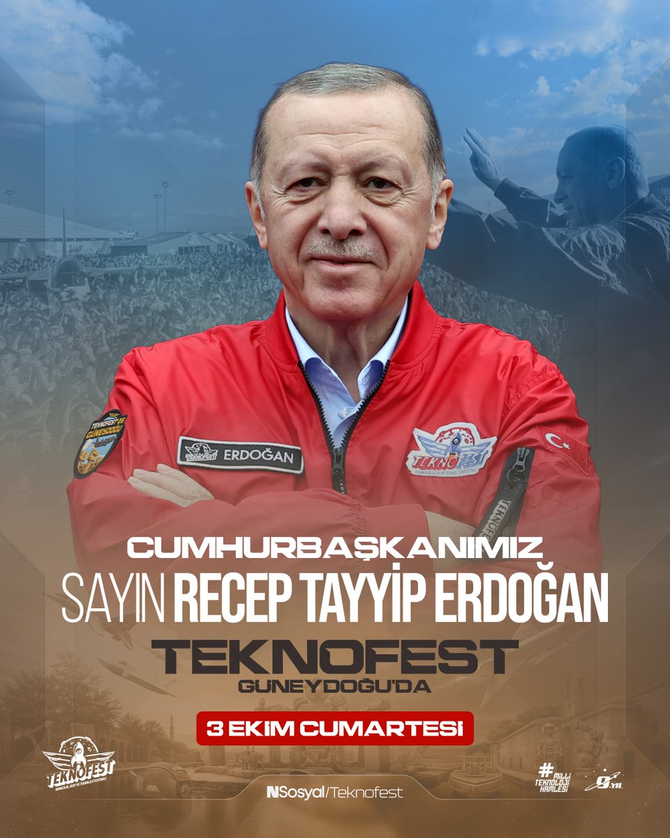 teknofest's tweet photo. Cumhurbaşkanımız Sayın Recep Tayyip Erdoğan, #TeknofestGüneydoğu’da YARIN teknolojinin şampiyonları ile buluşuyor. 🚀

📍 03 Ekim Cumartesi › Şanlıurfa GAP Havalimanı https://t.co/lNMVcXp8pI