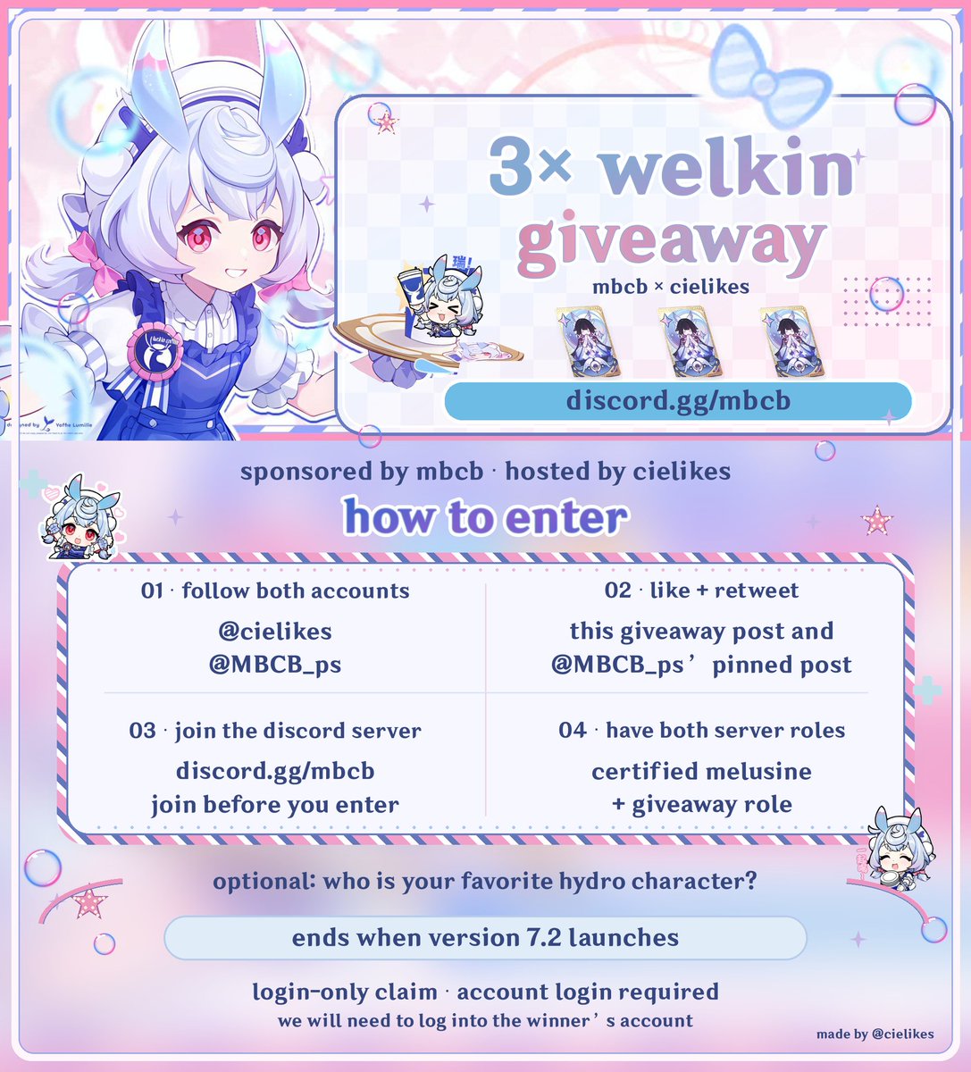 cielikes's tweet photo. 🫧 3× welkin giveaway 

follow me + @mbcb_ps
all requirements are in the image!
join: https://t.co/0prVb3wHy0

opt: who’s your favourite hydro character?

good luck, everyone! 🌷
#genshinimpact https://t.co/24P2nuqD3v