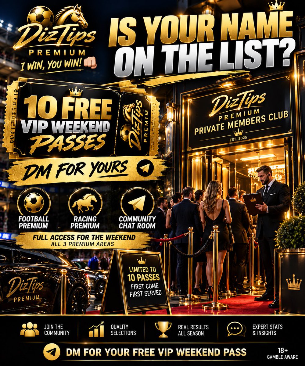diztips's tweet photo. 👀 IS YOUR NAME ON THE LIST?

I’m opening up 10 FREE VIP WEEKEND PASSES to DizTips Premium. 

No payment.
No card details.
No subscription.

Just full access for the weekend so you can come inside and see exactly what Premium is all about. 🔐

Your VIP pass gives you access to all 3 Premium areas:

⚽️ Football Premium
🏇 Racing Premium
💬 Community Chat Room

You’ll get the same selections, stats, information and chat as the paying members throughout the weekend.

There are ONLY 10 passes available and once they’re gone, they’re gone.

Want your name on the list? 👀

DM me “VIP” and I’ll sort your pass.

Come in, have a look around and see if DizTips Premium is for you. 👊🏻

Diz 
I win, you win! 👊🏻

18+ Gamble responsibly