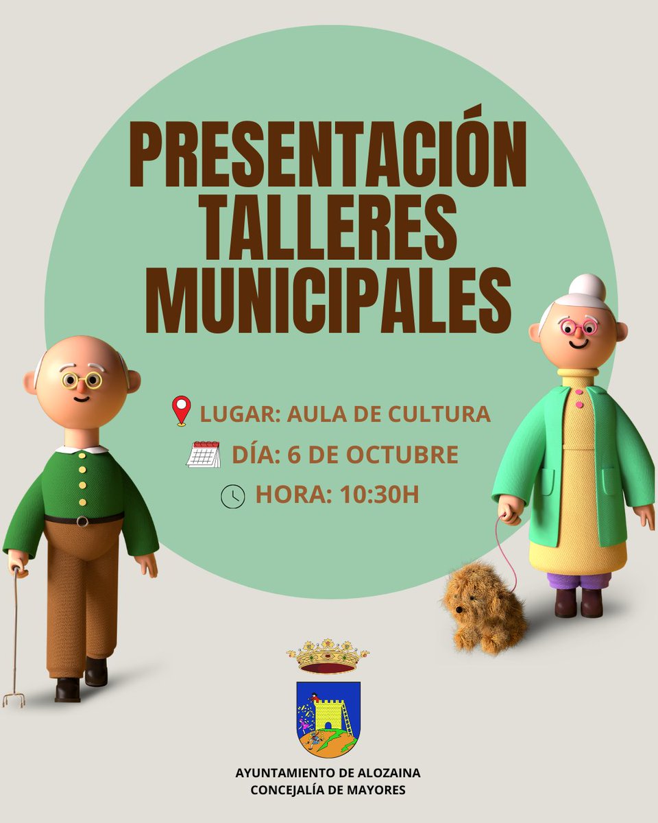 aytoalozaina's tweet photo. 📢👵 ¡Presentación de los Talleres Municipales de Mayores 2026/2027! 👴✨
La Concejalía de Mayores os invita a conocer toda la programación de actividades:
📅 Martes 6 de octubre
⏰ 10:30 h
📍 Aula de Cultura
¡Acompáñanos y planifica tu nuevo curso! 🙌
#Alozaina https://t.co/wQBwCLmcVh