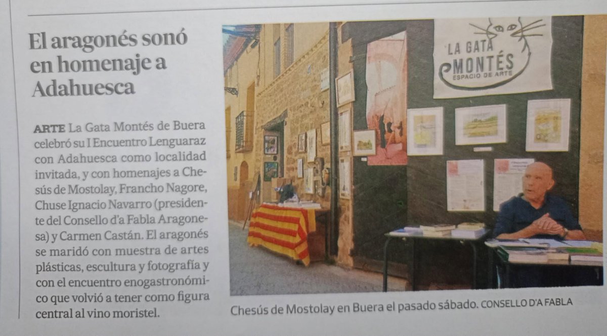 Inter_nos_libro's tweet photo. El periódico 'El Cruzado Aragonés' se hace eco del HOMENAJE A LOS ESCRITORES DE ADAHUESCA: Vicente Tobeña, Chuana Coscujuela y Chesús de Mostolay, que tuvo lugar en Buera, el pasado 26 de septiembre, promovido por ' La gata montés'. https://t.co/sCOOTUZTTD