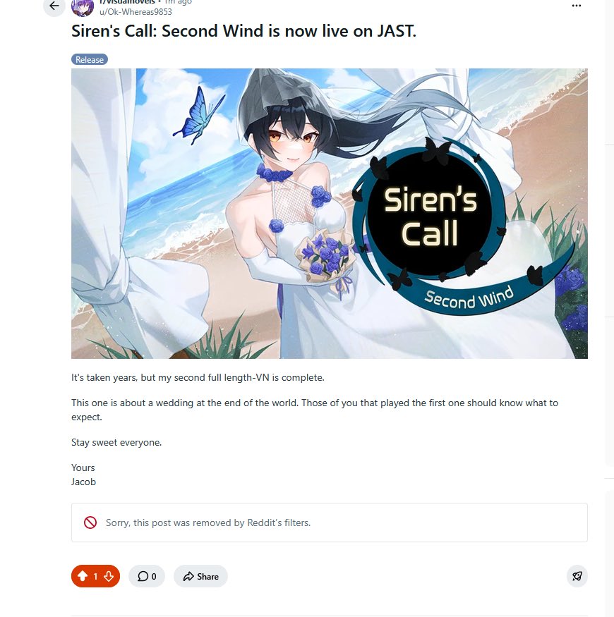 SirensCallGame's tweet photo. I need some troubleshooting help with Reddit. I’ve been an active member of r/visualnovels for a while now, but none of my posts about the game’s release are going through…

I’ve tried like 4 variations, each with different images, but they keep getting flagged.

Halp!!! https://t.co/fFv0gBUbt9