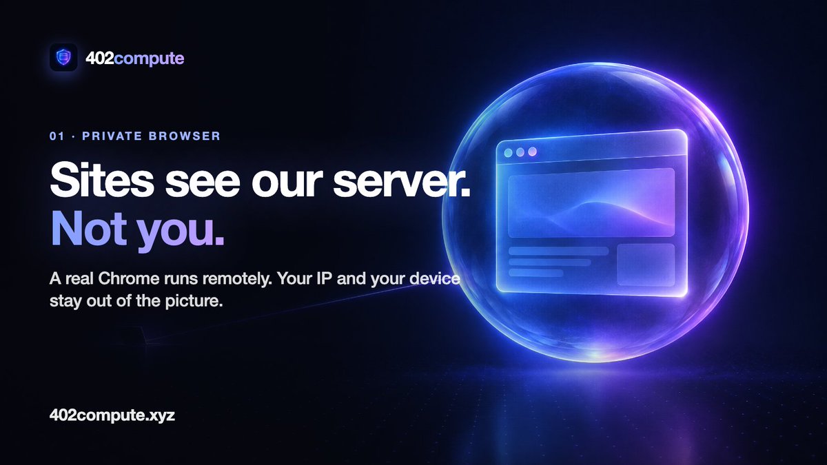 X402_Compute's tweet photo. Private browsing hides your history from your laptop. That's all it does.

On 402compute the browser doesn't run on your device at all. A real Chrome runs on our server and you control it live.

Sites see our server. Not your IP, not your fingerprint.

https://t.co/jCxxKBHwEq https://t.co/vEAEJBjfCb