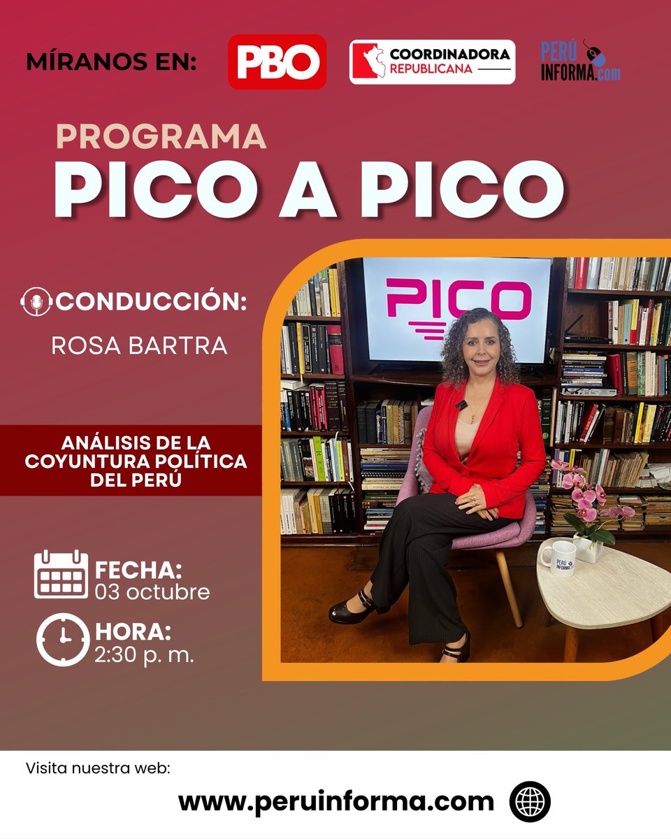 peruinforma's tweet photo. 🎙️Rosa Bartra analiza en “Pico a Pico” la coyuntura política nacional y los principales temas que marcan la agenda del país.   

📅Todos los sábados 
🕑2:30 p. m.
📺Canal: PBO 91.9 FM 
🔹Claro TV: Canal 515 (HD)
🔹 Movistar TV: Canal 735(HD) https://t.co/U5lIwm52sa