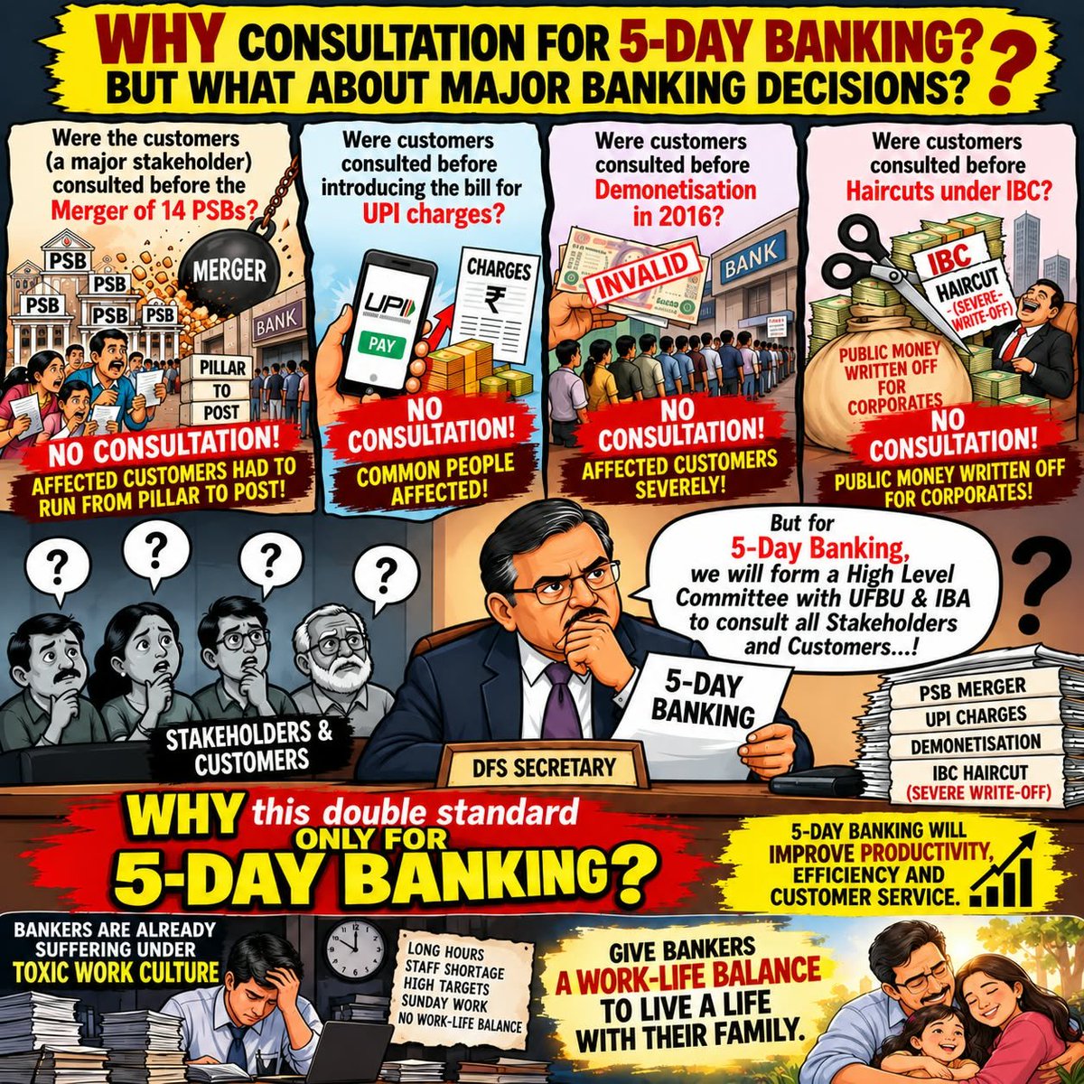 d_zcm's tweet photo. Dear DFS Secretary, 

Why Consultation only for 5 Days Banking ?

Stop the Consultation.

Start 'Five Days Week' Banking. https://t.co/DXsoiFDael