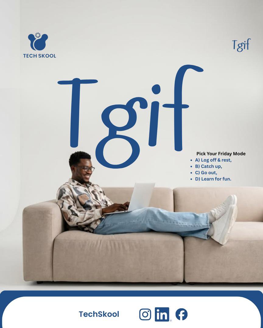 TechSkooll's tweet photo. "It's Friday, which means it's officially okay to stop thinking about your to-do list for a bit. 😮‍💨

Rest isn't something you unlock after doing enough, it's part of how the work actually gets done well.

#TechSkoolGlobal #TGIF #WorkLifeBalance #WeekendMode" https://t.co/aOfvOkUjzw