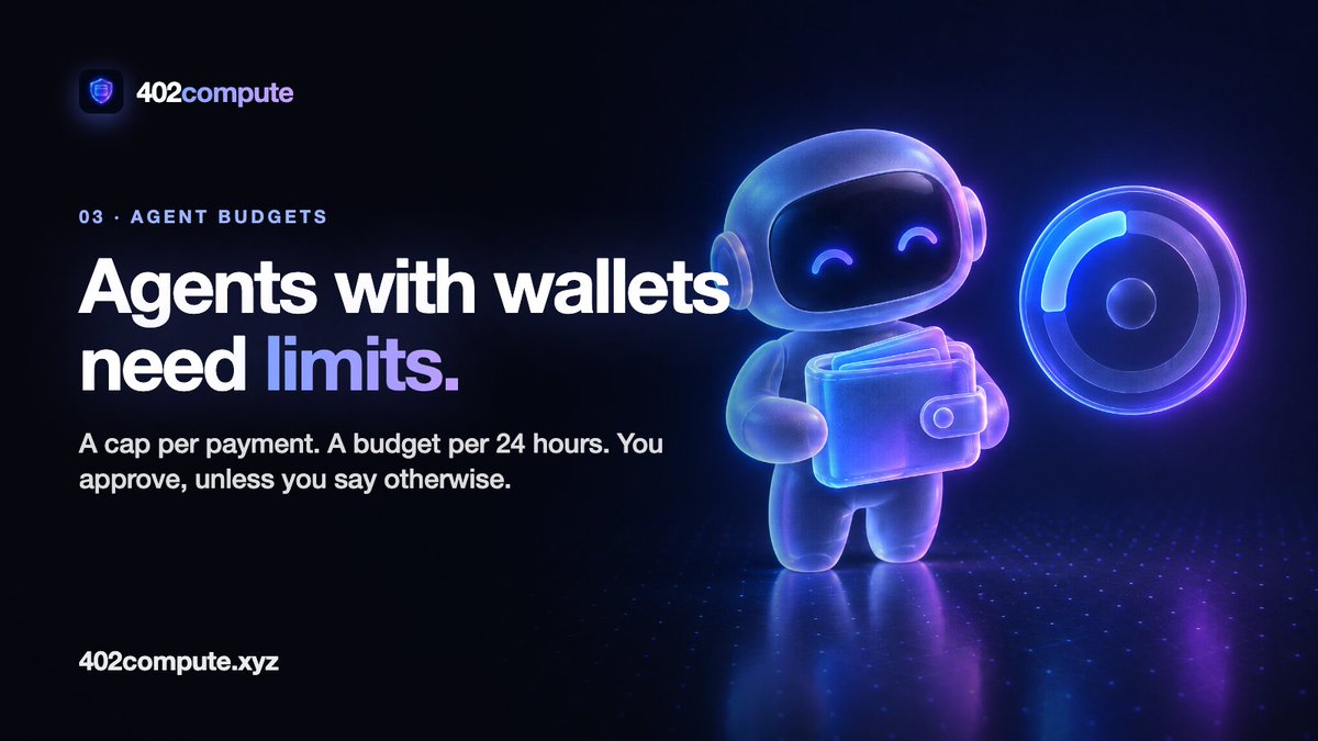 X402_Compute's tweet photo. Giving an AI agent a wallet is only sane if it can't overspend.

On 402compute every agent has:
→ a cap per payment
→ a budget per 24 hours
→ your approval on each payment, unless you opt out

Too expensive? The payment is refused and the agent tells you.

https://t.co/TSbsSoqXFq