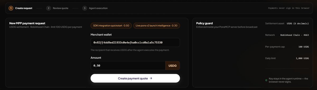 Pons_MCP's tweet photo. SDK integration quickstart: Drop-in TypeScript quickstart for wiring an agent to PonsMCP: install, key handling, policy caps, first settlement — copy-paste ready.

- Install &amp; config commands
- Working pay() example
- Policy defaults explained

https://t.co/iEOXhuVL3C https://t.co/I43Cm2C6n0
