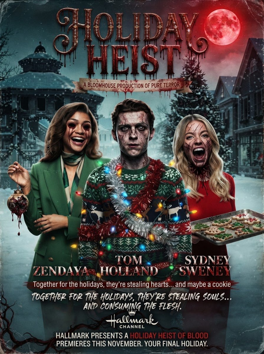 movierulez150's tweet photo. #Ai #AiArt #Concept #Poster #Horror #HolidayHeist #Zendaya #TomHolland #SydneySweeney #Terror #Holiday #Heist #Scary #Demonic #Soulless #RedMoon #Cookies #Christmas #Treats https://t.co/16ICDN9hem
