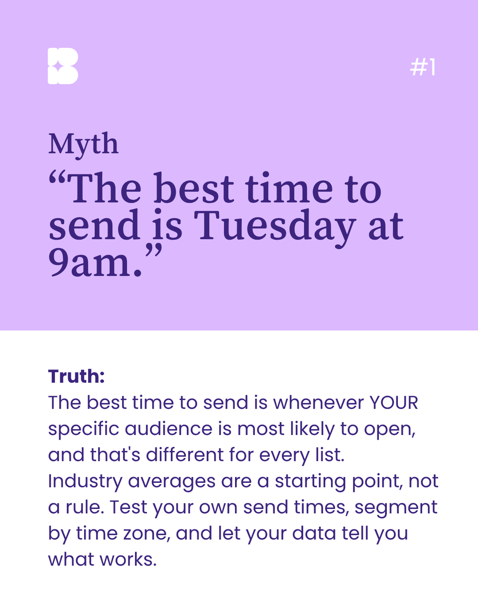 BenchmarkEmail's tweet photo. Still seeing these in October 2026. 🚫

Let's put them to rest.

Swipe through 3 email marketing myths that are 
quietly holding people back 👉

Which one did you used to believe? Be honest 👇

💌 Send smarter with Benchmark → link in bio https://t.co/5obg8KNkji