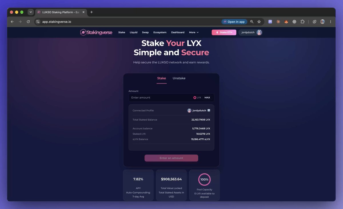 Stakingverse's tweet photo. Stakingverse update 🪐

Over the last few weeks, we’ve shipped updates across our app and website:

🎨 Refreshed website and app

A redesigned interface with compact cards, cleaner navigation and a more compact footer across Stakingverse. The website also has a direct $ETH staking shortcut to our StakeWise vault.

📱 Cleaner mobile layouts

More compact buyer rows, aligned payment details and USDC/LYX logos make recent purchases easier to read on your phone.

👤 Profiles instead of just addresses

Universal Profile names and images now appear in recent buyers and Liquid activity, with profile photos also fixed in the wallet menu.

🆙 Universal Profile improvements

Improved compatibility with the LUKSO mobile UP app and UP-Modal, with smoother wallet connections and better session restoration.

💳 SMC Card purchases are back

You can buy your Stakingverse Members Club Card again, now directly in our app.

Your card supports Stakingverse’s continued development and gives you:

• Early access to new features
• Access to token-gated communities
• Access to special in-person events

Pay with USDC or LYX on LUKSO mainnet.

🔒 Dependency updates

We patched critical dependency vulnerabilities and standardized our builds.

Explore the refreshed website:
https://t.co/8wivBIeqRx

Join the Stakingverse Members Club:
https://t.co/6y1zEuwfIl

#LUKSO #Stakingverse