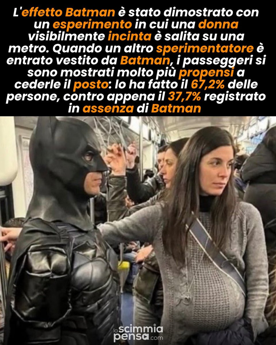 pixitnings3's tweet photo. Photo by LaScimmiaPensa. com on August 28, 2026. The Batman effect was demonstrated in an experiment where a visibly pregnant woman boarded a subway. When another researcher entered dressed as Batman, passengers were much more likely to offer her a https://t.co/lEQGRPx4i9