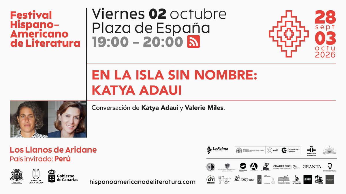FHLiteratura's tweet photo. Continuamos a las 19:00, en la plaza de España para disfrutar del acto:

En la isla sin nombre: Katya Adaui
Conversación de Katya Adaui y Valerie Miles.

Entrada libre hasta completar aforo. https://t.co/xDaX1PMAUv
