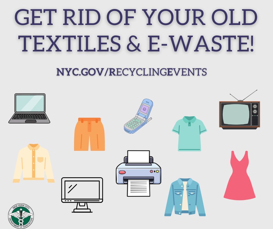 NYCSanitation's tweet photo. Happy October, everyone! A new month means new Community Recycling Events!

Brooklyn and Queens, do you have e-waste and textiles to get rid of? Head to our recycling events this weekend! 

Can’t make it? There's plenty of other events this month. Check them out at https://t.co/1Zpl2jw4X5