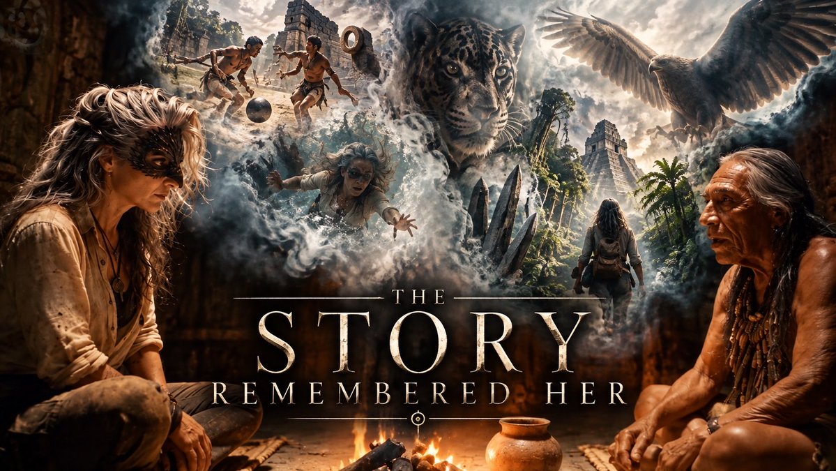 A fantasy book cover titled 'THE STORY REMEMBERED HER' features a masked woman, a jaguar, an eagle, children playing, and an elder near a fire with Mayan ruins.