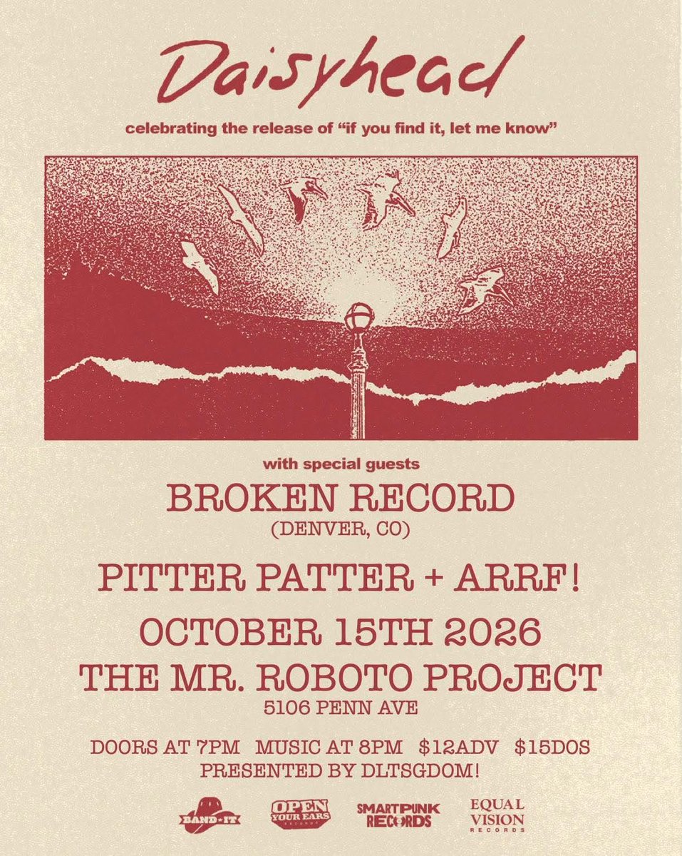 dltsgdomshows's tweet photo. LOCALS ADDED: Pitter Patter + Arrf! will join @DaisyheadTN + Broken Record 10/15 at @RobotoProject!!

TICKETS: https://t.co/E0kf8kfipN

LISTEN: https://t.co/X0yDlsZvV0
https://t.co/gk9GbW8E1e
https://t.co/YbmsZN0UC5 https://t.co/3fsiTgo0q4