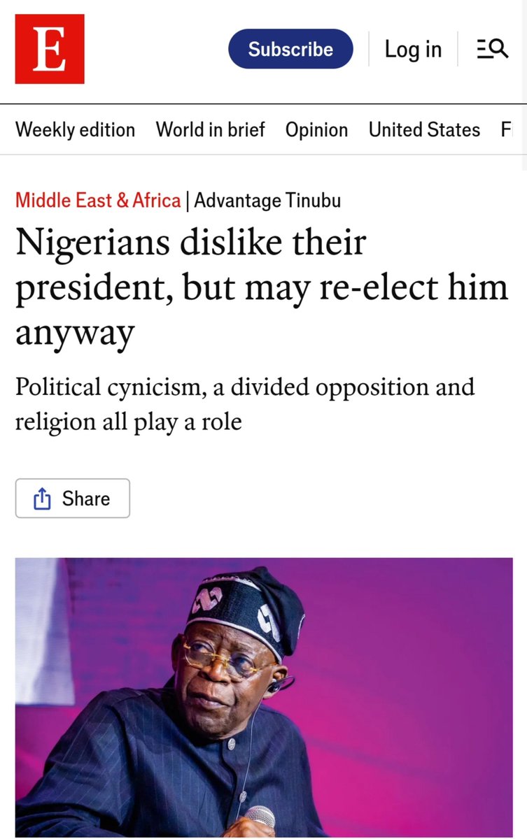 mayowadurosinm1's tweet photo. The muzungus at The Economist are telling you that even though Tinubu is unpopular due to his drug case in the US, even though he rigged the 2023 general election - an election in which we all know Nigerians were killed - and even though he has signed away the country to imperialists in Washington, D.C., he's still going to be your unelected president for the next 4 years starting May 29 2027.