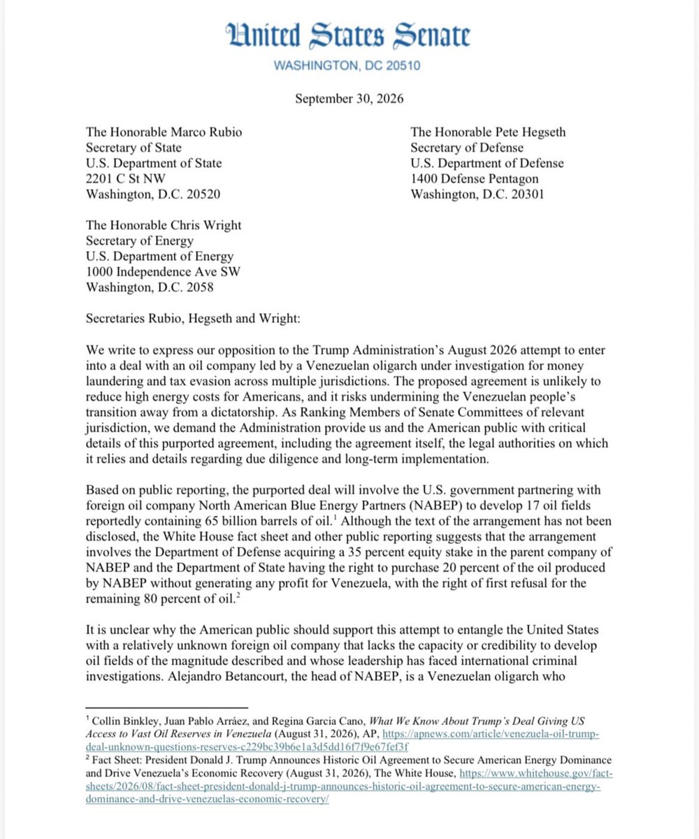 WalterVMG's tweet photo. Cuatro senadores demócratas de Estados Unidos, Jeanne Shaheen, Martin Heinrich, Jack Reed y Elizabeth Warren, rechazaron el acuerdo petrolero con NABEP y exigieron a Rubio, Hegseth y Wright publicar los contratos y explicar su base legal.

Cuestionan la capacidad de la empresa encabezada por Alejandro Betancourt, investigado por lavado de dinero en varios países, y advierten que el acuerdo puede afianzar a los aliados de Maduro en el poder y perjudicar la transición democrática.

La carta recuerda que los venezolanos no han consentido que una gobernante no electa comprometa sus recursos naturales para mantenerse en el poder.