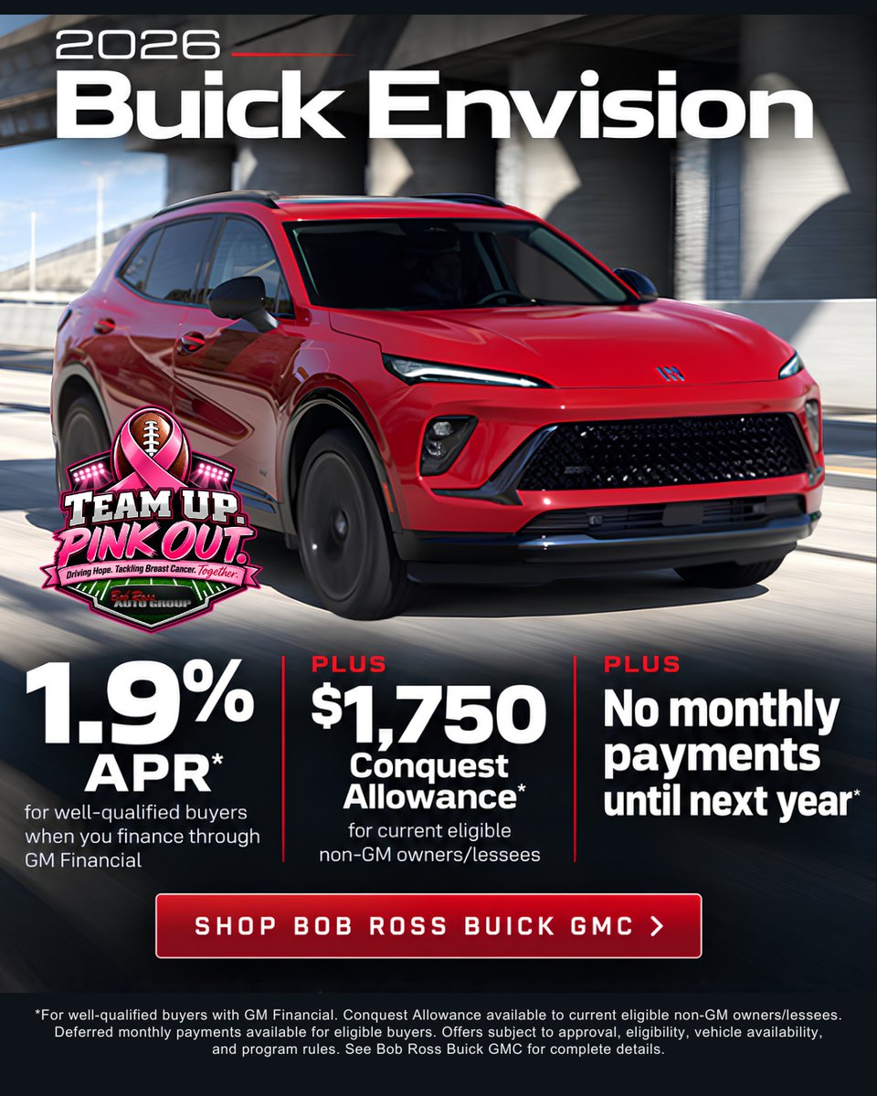BobRossAuto's tweet photo. TEAM UP. PINK OUT. 💗🏈 Experience the 2026 Buick Envision at Bob Ross Buick GMC! Call (937) 403-0700. https://t.co/wEIwqPmcwO #TeamUpPinkOut #BobRossBuickGMC #BuickEnvision #BreastCancerAwareness https://t.co/zVqwXyGeaX