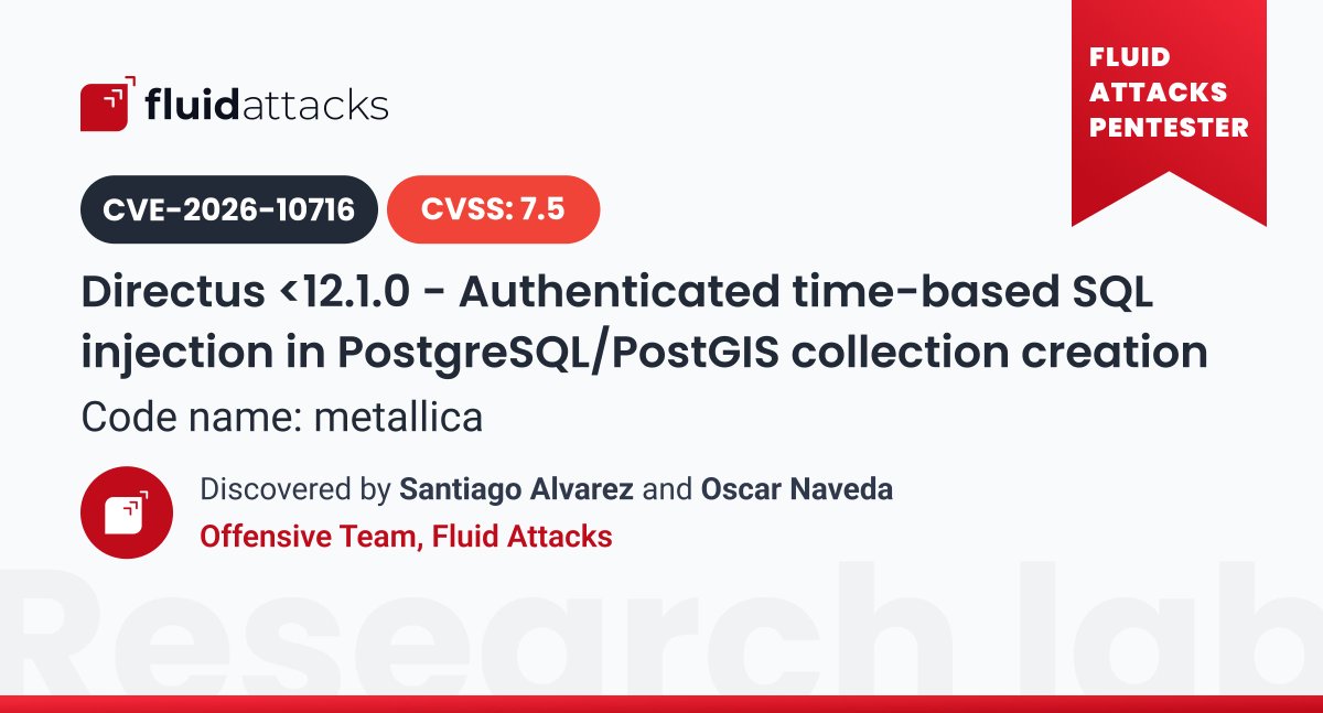 fluidattacks's tweet photo. Fluid Attacks' research team found a zero-day vulnerability in Directus. As a #CNA, we assigned the ID CVE-2026-10716. Details here: 🔗 https://t.co/ATmvW1d8r1. We have disclosed 278 #CVE to this date: 🔗https://t.co/fgMrQcyKAU. https://t.co/mSvlT8Zuqq