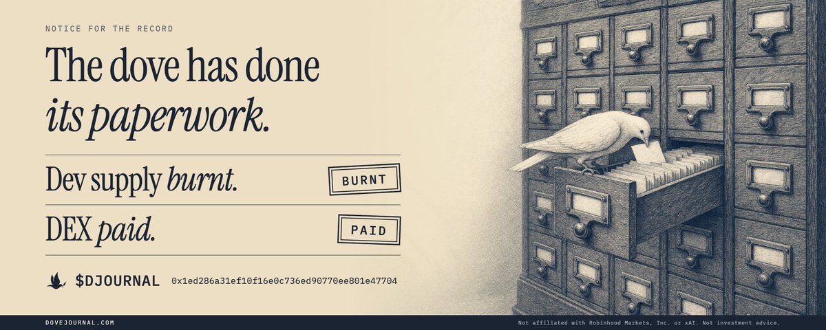 useDoveRH's tweet photo. The dove has burnt its dev supply and paid the DEX.
$DJOURNAL.

https://t.co/rp8wPwUolp https://t.co/pnA5ooIyOA