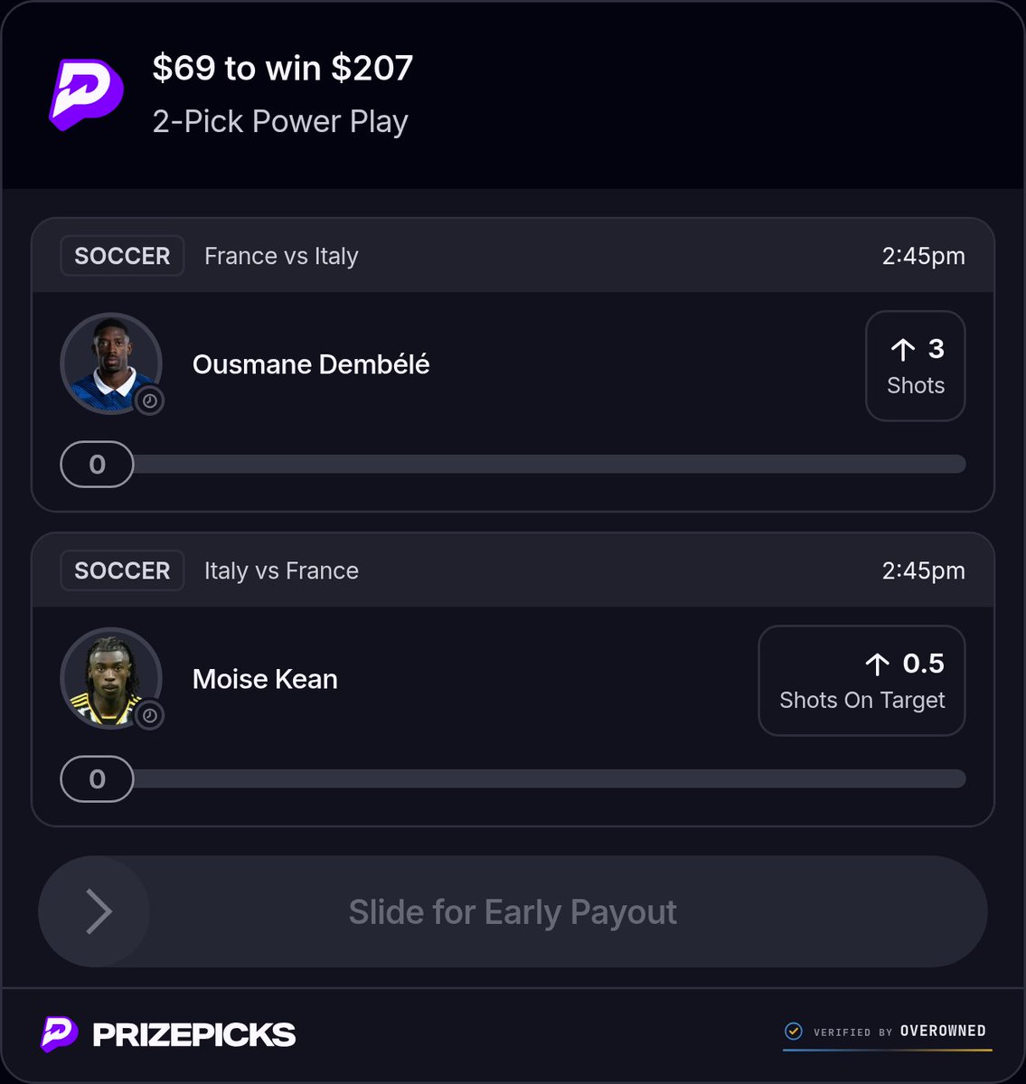 69aday69oneday's tweet photo. SPONSORED BY @OverOwnedDFS

$69 TO WIN $207 | DEMBÉLÉ AND KEAN SHOT PROPS IN FRANCE VS ITALY.

#PrizePicks #Soccer #PlayerProps #SportsBetting #FranceVsItaly https://t.co/8qTLSBXnFm