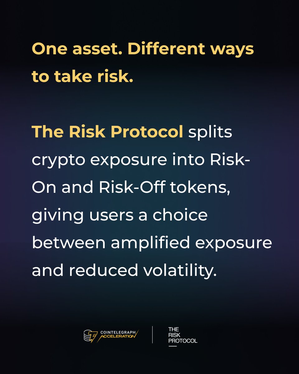 CointelegraphAc's tweet photo. Buying crypto gives you exposure to an asset. But what if you want more control over the risk that comes with it?

@TheRiskProtocol tokenizes risk, using synthetic options to split crypto assets into tradable Risk-On and Risk-Off SMART Tokens.

Built by senior banking, derivatives and research professionals, the team reports 35,000 trading competition wallets on its incentivized testnet. In its historical comparisons, Risk-On outperformed 2× perpetual positions across all 13 bull markets tested since 2020.

Learn more: https://t.co/aCcTFnlm4K