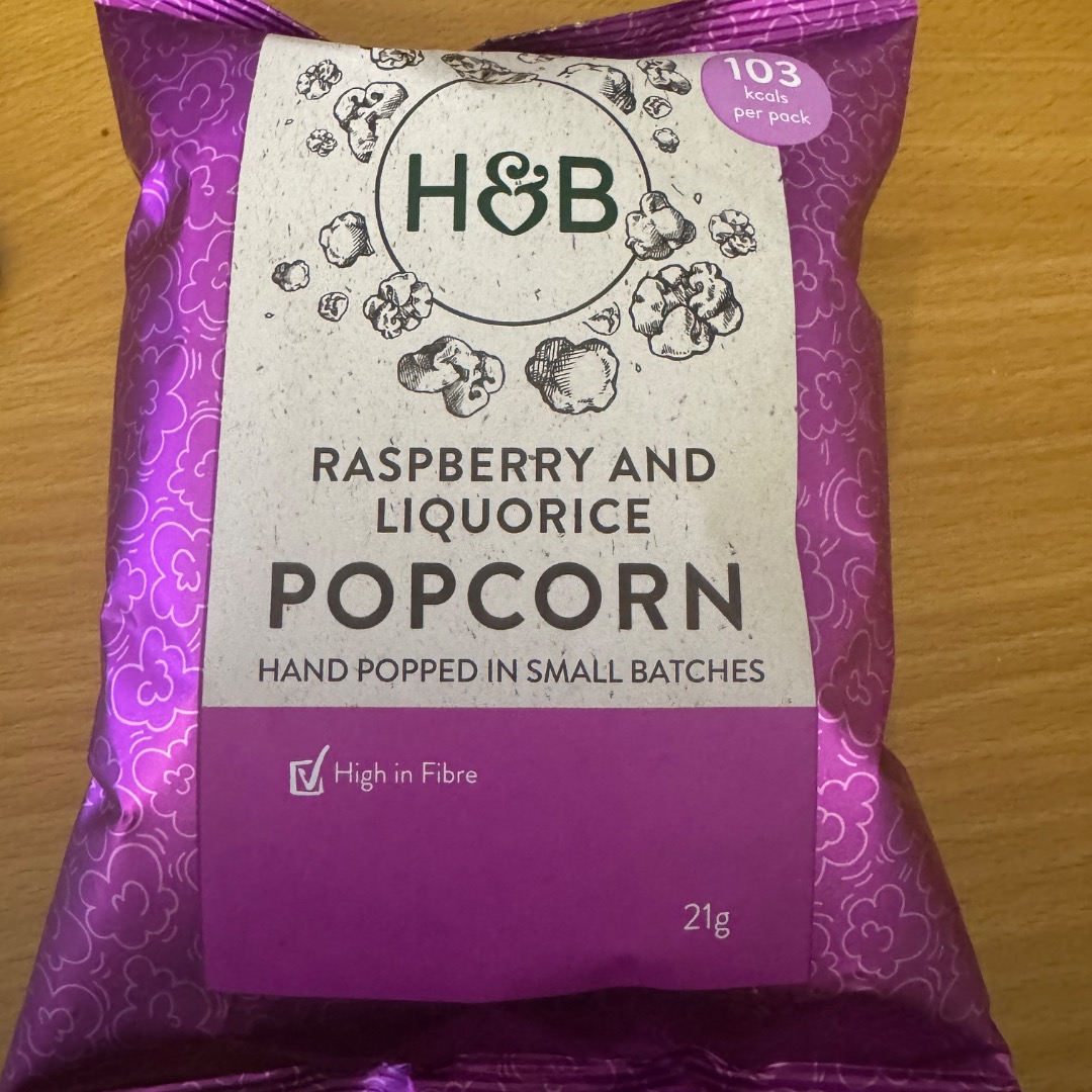 meganmedisson's tweet photo. Photo by Lucy Congreave on September 02, 2026. May be an image of popcorn with text reading: “103 kcal per pack. Raspberry and liquorice popcorn. Hand-popped in small batches. High in fibre. 21g. https://t.co/cdLlYysKXr