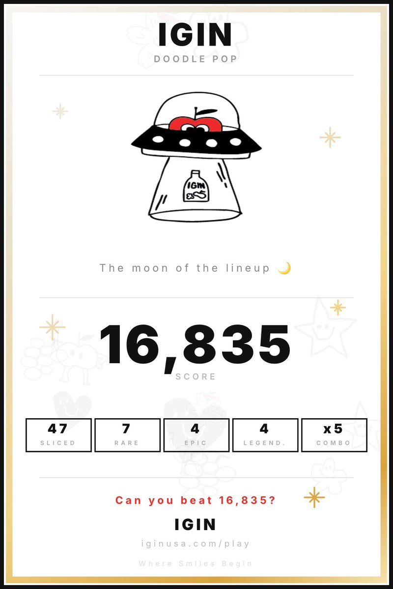 hourjinnie's tweet photo. Have you guys played the IGIN doodle game? It has so many Jin easter eggs in it 🤭

- born to be legend
- certified visual 
- the moon looks closer tonight 
- chef’s kiss
- be gentle with yourself

Score cards: maple story level reflexes, third from the left energy, moon of the lineup

Show us your score card below! 

👾 https://t.co/kFtIHlLAJk

#JinxIGIN #IGINbyJin @igin_sns