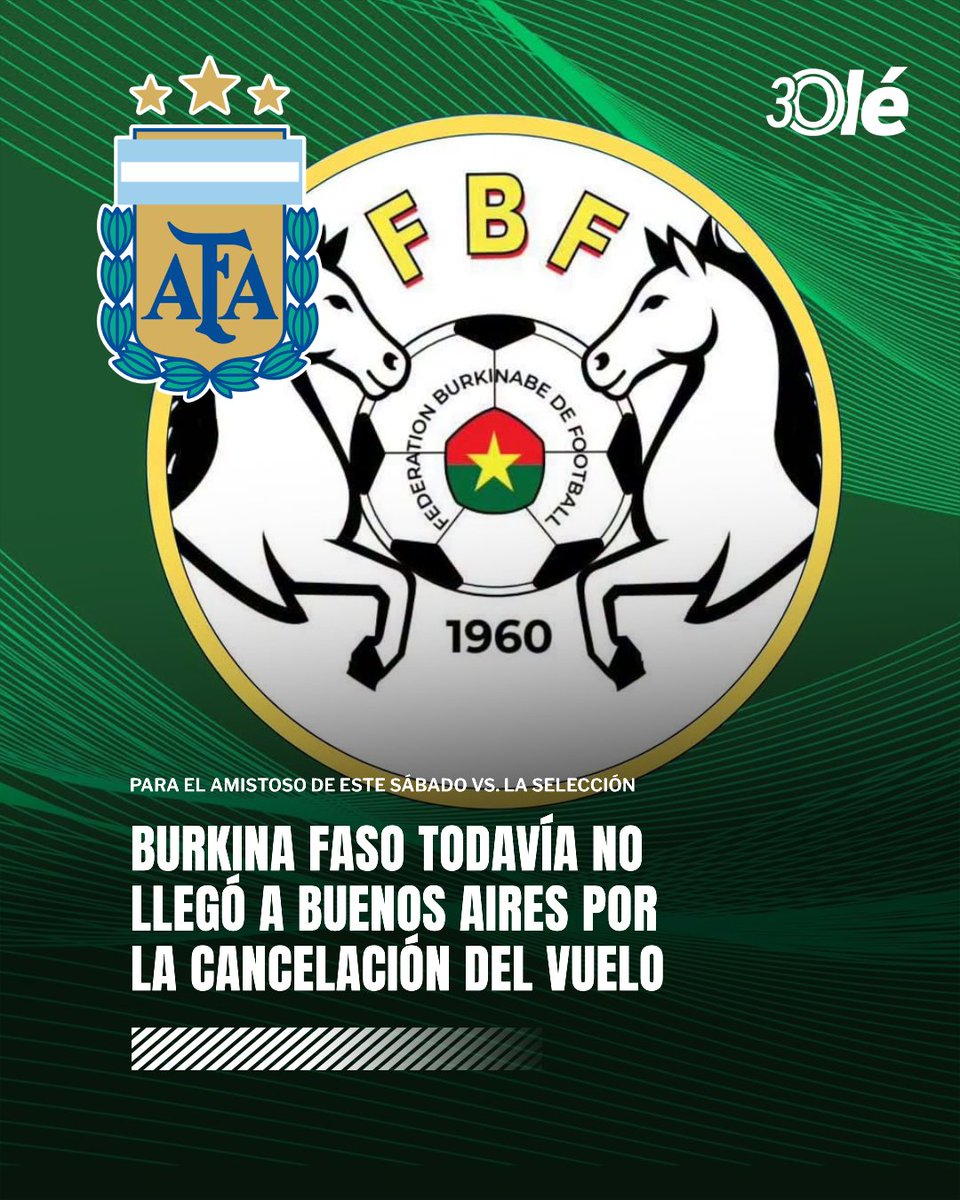 DiarioOle's tweet photo. BURKINA FASO TODAVÍA NO LLEGÓ A BUENOS AIRES PARA EL AMISTOSO ✈️🇧🇫

➡️ La Federación de Fútbol del país africano comunicó en sus redes "la cancelación, sin previo aviso, por parte del operador del avión, del vuelo inicialmente programado para el 30 de septiembre"

🇲🇦 El plantel se encuentra varado en Marruecos: "Esta cancelación obligó a reorganizar el itinerario de viaje de la delegación".

😤 Ante esa situación, la federación les ofreció viajar en un vuelo de línea, lo que generó el enojo de los futbolistas, quienes ahora se niegan a volar

✍️ Además, informó que están "en la búsqueda de una solución que permita destrabar la situación, llegar a Buenos Aires lo antes posible y preservar la participación en este encuentro"

⚠️ Burkina Faso llegaría al país este sábado al mediodía, por lo que saldrían a la cancha casi sin entrenar y con el efecto del jet lag. La realización del amistoso se va llenando de incógnitas...

⚽️ El amistoso está programado para el 3 de octubre en el Monumental, a las 21.00