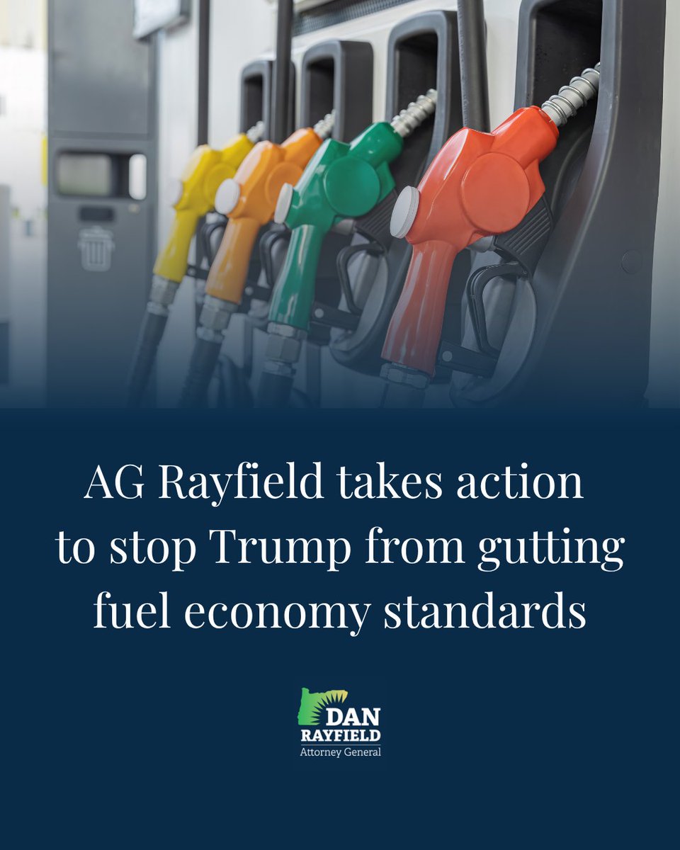 AGDanRayfield's tweet photo. We’re standing up against a new Trump administration rule that would make Oregonians pay more for gas. 

The federal government is trying to roll back fuel economy standards and let automakers sell less fuel-efficient cars and trucks – and we’re pushing back. https://t.co/G3weODJoxt