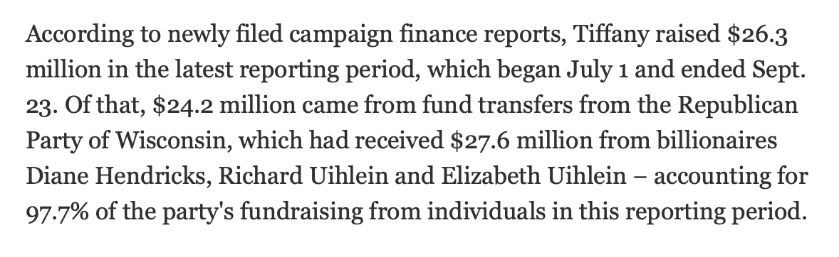 synathroesmus's tweet photo. @DBruce96454761 To your point, I keep thinking about a shocking statistic from this JS article: the three billionaires accounted for 97.7% of @WisGOP's fundraising from individuals in the latest reporting period which means that only 2.3% of its haul came from the PEOPLE. https://t.co/qB16onuVU9 https://t.co/3R195COqK6