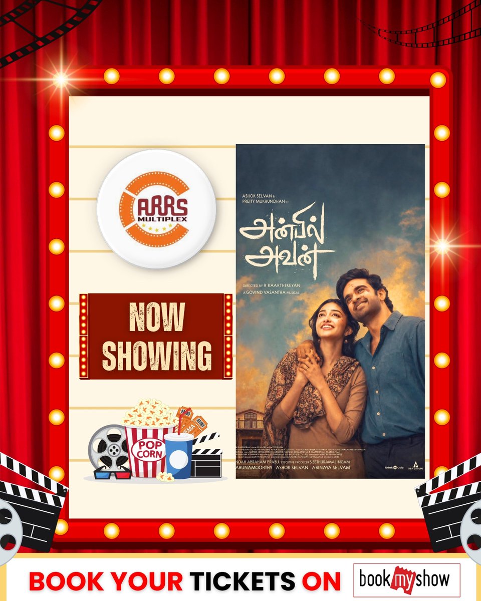 SalemArrs's tweet photo. Anbil Avan is NOW SHOWING at ARRS Multiplex!
๐ฟโจ Don't miss out on this captivating romantic story starring Ashok Selvan & Preity Mukundhan.
โ๐๏ธ Book your tickets now on BookMyShow!
โ#AnbilAvan #ARRSMultiplex #NowShowing #TamilCinema #BookMyShow #AshokSelvan https://t.co/rX2MBSJ7xn