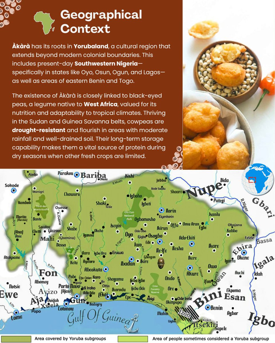 AmericanGeo's tweet photo. #FoodGeoFriday: West African Akara
🌍 🫘 This week’s #FGF takes us to Yorubaland in West Africa! Meet àkàrà, golden bean fritters made from black-eyed peas and deeply woven into Yoruba foodways. 🇳🇬✨
#FoodGeoFriday · #Akara · #YorubaCulture · #WestAfricanFood · #Yorubaland https://t.co/ZqT37hHE5H