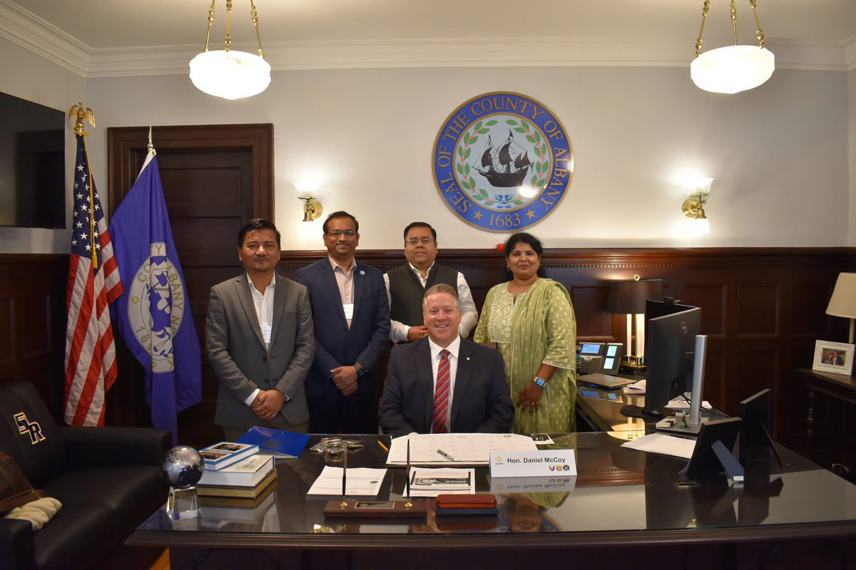 MCCoyCountyExec's tweet photo. It was a pleasure welcoming a delegation of international professionals from India to Albany County as part of the U.S. Department of State’s International Visitor Leadership Program.

We had a great conversation about the role local government can play in supporting economic development, digital infrastructure, workforce growth and sustainable public infrastructure, as well as opportunities for U.S.-India collaboration on artificial intelligence and emerging technologies.

Visits like this are a great opportunity to share what we’re doing here in Albany County while learning from leaders working on similar challenges around the world.