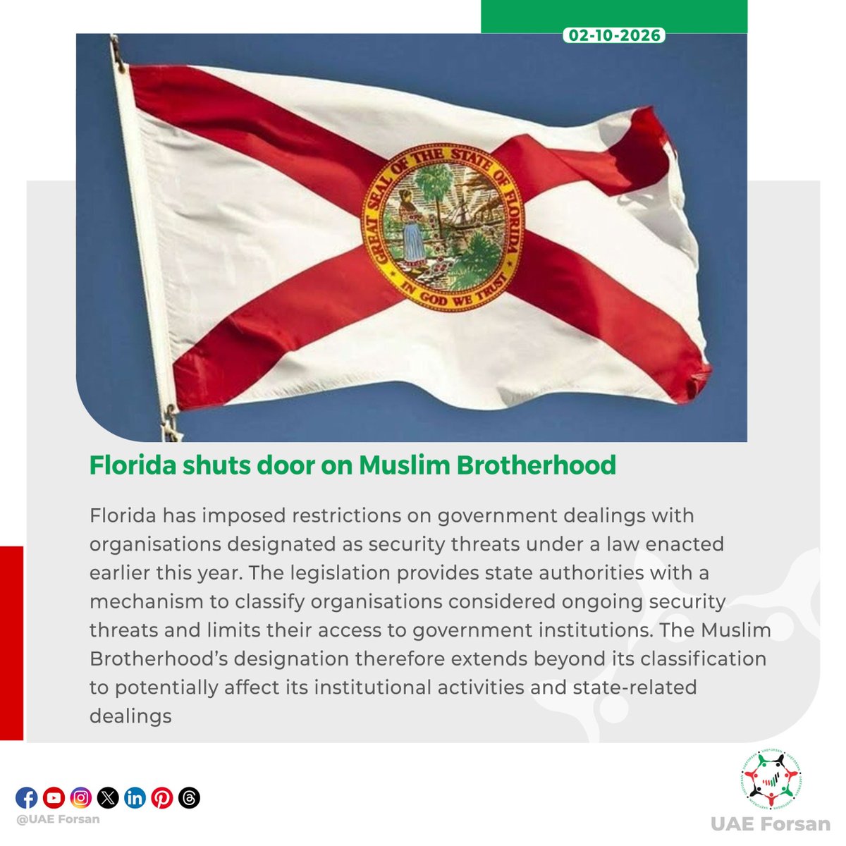UAE_Forsan's tweet photo. Florida shuts door on Muslim Brotherhood
#US #Florida #MuslimBrotherhood #MBGlobalTerroristDesignation #Florida_Designates_Muslim_Brotherhood_As_Terrorist_Organization #فلوريدا_تصنف_الإخوان_جماعة_إرهابية #الإخوان_تنظيم_إرهابي https://t.co/FuU9F62AGJ