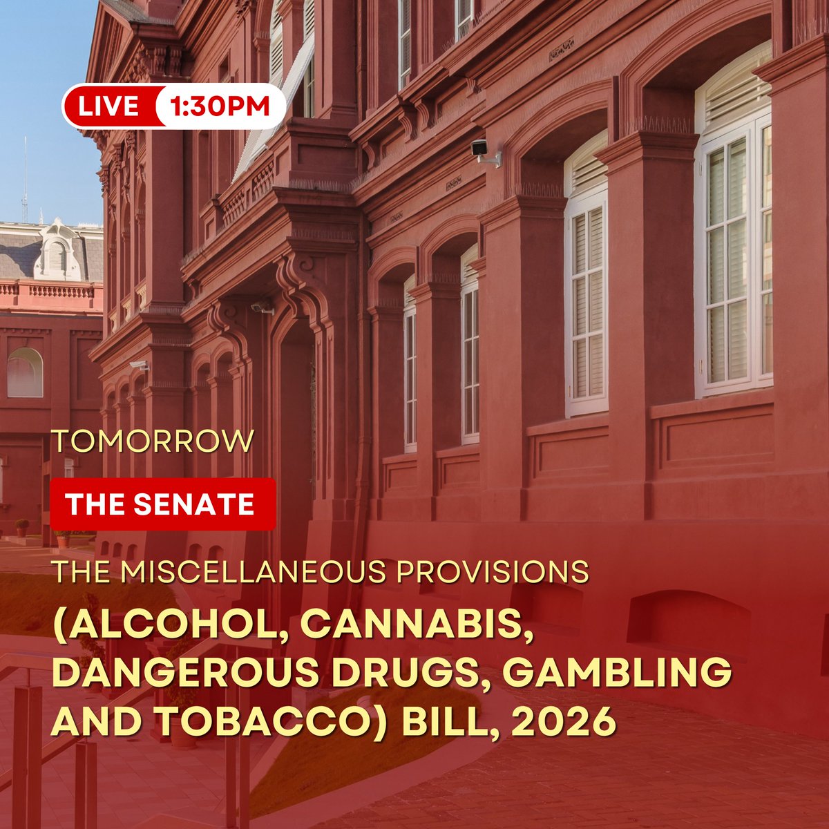 TTParliament's tweet photo. The Senate next sits on Tuesday 6 October, 2026 to begin debate on the Miscellaneous Provisions (#Alcohol, #Cannabis, #DangerousDrugs, #Gambling and #Tobacco) Bill, 2026.

View LIVE on
📺The Parliament Channel
💻ParlView
at 1:30 p.m.

https://t.co/IR6cGqWtAR https://t.co/fssiCBVY72