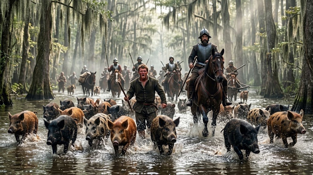 SamaHoole's tweet photo. Hernando de Soto landed on the Gulf coast of Florida in the spring of 1539 with some 600 men, more than 200 horses, and a herd of pigs.

He was already rich. He had ridden with Pizarro into Peru, been the first Spaniard into Cuzco, and taken one of the largest shares of the Inca gold. The king of Spain had given him Florida to conquer, and he went looking for another Peru.

He never found it. For four years his army wandered through what is now Florida, Georgia, the Carolinas, Tennessee, Alabama and Arkansas, fighting the peoples who lived there, taking their corn stores, and looking for cities of gold that did not exist.

The pigs came everywhere.

They were the one part of the expedition that worked exactly as planned. A pig needs no packing and no carrying. It walks behind the army, forages in the woods as it goes, eats whatever it finds, and breeds while it walks. When the soldiers were hungry, there was always a pig. When they lost the corn, they still had the herd. And the herd kept growing, however many they ate, however many ran off into the forest, however many the local warriors stole in raids, because once the people of the Southeast had tasted pork, they were willing to fight for it.

In May 1542, in the valley of the Mississippi, de Soto died of fever. His men were afraid of what the local people would do if they learned the Spaniard who claimed to be immortal was dead, so they weighted his body and sank it in the middle of the river at night.

Then they held an auction of his belongings. By the Gentleman of Elvas's account, the sale listed two male slaves, two female slaves, three horses and 700 pigs.

The gold never turned up. The pigs outlived him, his men and his king's claim to the land. The ones that escaped into the woods became the ancestors of the feral hogs that now number in the millions across the American South, still living on whatever they can find, still breeding faster than anybody can shoot them, still fed by nobody.

A conquistador came to the New World for gold, found none, and left behind the most successful livestock operation in its history, and nobody has ever managed to take it away from the hogs.