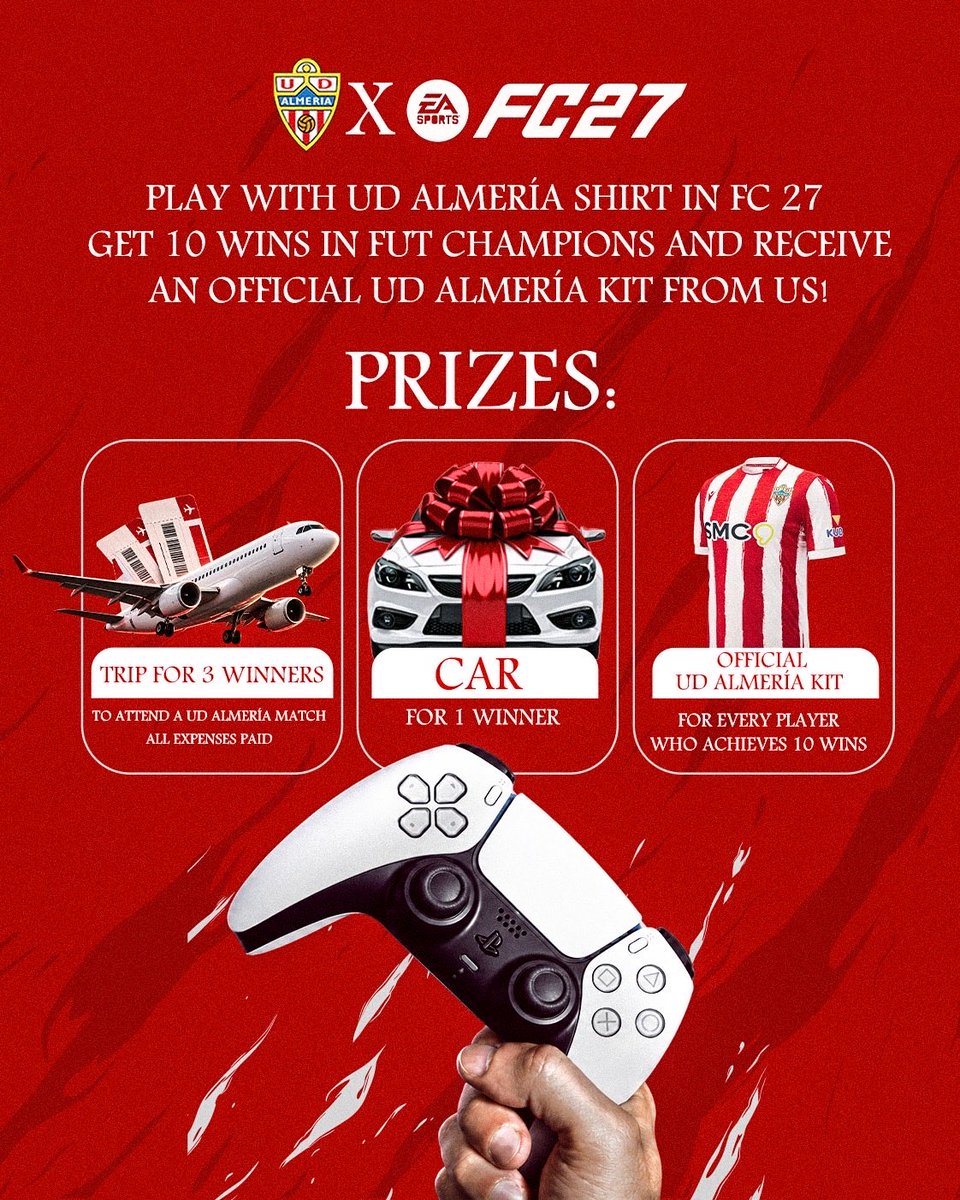 UDAlmeria_Eng's tweet photo. 🎮 FUT Champions is here! 🔥

Play with the UD Almería kit &amp; crest in FC 27 and get 10 wins this weekend to win an official Almería shirt! 👕🔴⚪️

You’ll also enter the draw for:
✈️ An all-expenses-paid trip for 3 winners
🚗 A car for 1 winner

Ready? 🎮

#UDAlmería #FUTChampions https://t.co/knvVkwuix4