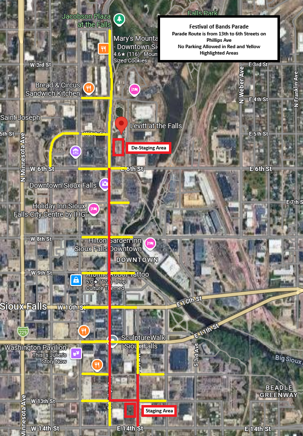 siouxfallspd's tweet photo. Festival of Bands Parade is downtown Saturday morning. Staging closures start at 7:00 a.m., parade route closes at 7:30 a.m., and the first band steps off at 8:30 a.m. Expect traffic impacts. Please use public lots/garages. Good luck to all the bands! https://t.co/VgbaPlmwDv
